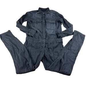 ETIENNE MARCELL Washed Black Gray Frayed Long Sleeve Denim Utility Jumpsuit S